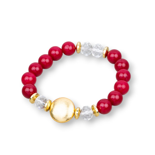 Stretch Bracelets Of Semi-precious Stones And Brushed Bronze Central Red Jade