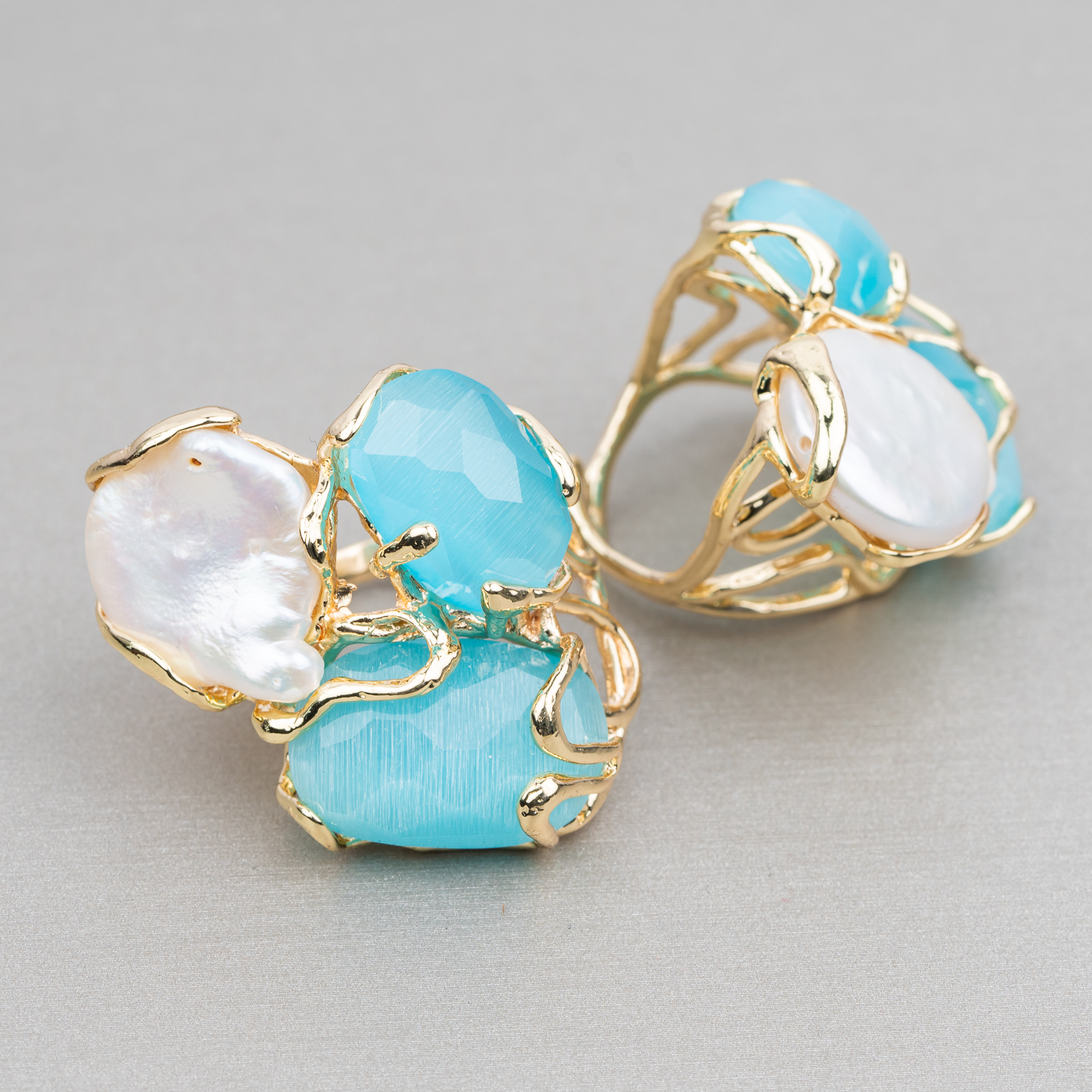 Anello Di Bronzo Con Occhio Di Gatto 32x36mm Misura Regolabile Con Perle Di Fiume Dorato Acqua