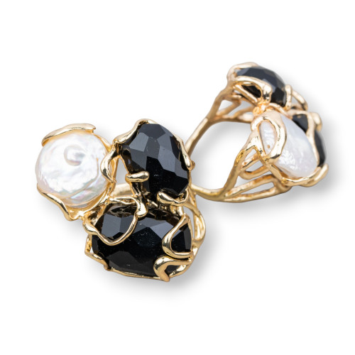 Bronze Ring With Cat's Eye 32x36mm Adjustable Size With Black Golden River Pearls