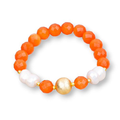 Pulsera Elástica Ojo De Gato 08mm Con Perlas De Río Y Bola De Bronce Blanco Naranja