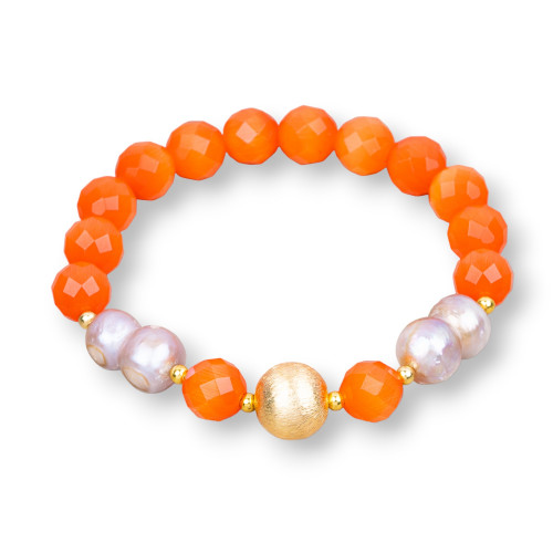 Elastic Cat's Eye Bracelet 08mm With River Pearls And Lilac Orange Bronze Ball
