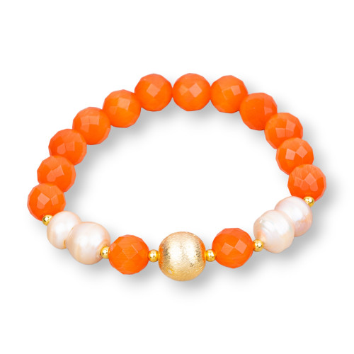 Cat's Eye Elastic Bracelet 08mm With River Pearls And Orange Pink Bronze Ball