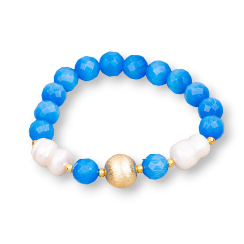 Bracciale Elastico Di Occhio Di Gatto 08mm Con Perle Di Fiume E Pallina Di Bronzo Blu