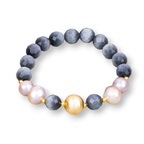 Elastic Cat's Eye Bracelet 08mm With River Pearls And Lilac Gray Bronze Ball