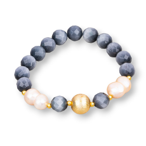 Cat's Eye Elastic Bracelet 08mm With River Pearls and Gray Pink Bronze Ball