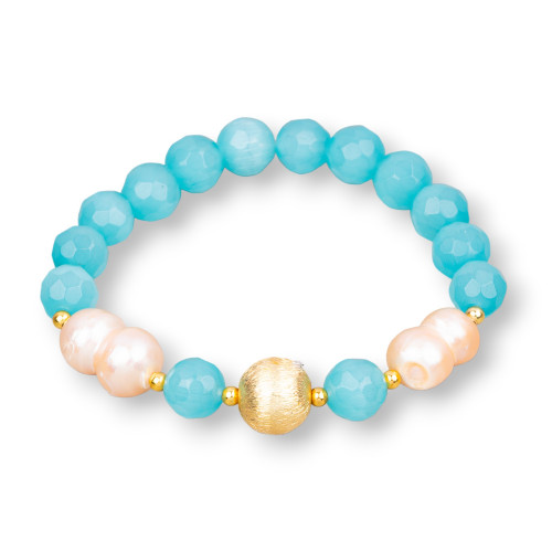 Cat's Eye Elastic Bracelet 08mm With River Pearls and Pink Turquoise Bronze Ball