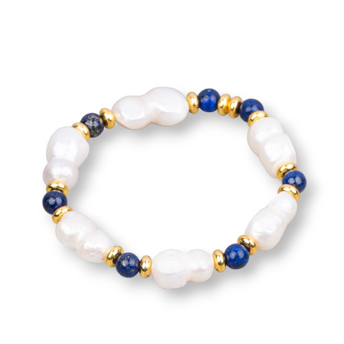 Pulseras elásticas de perlas de río de lapislázuli y latón de lapislázuli blanco