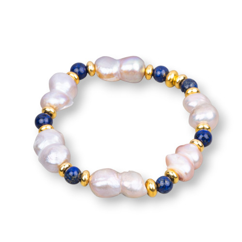 Stretch Bracelets Of Lapis Lazuli River Pearls And Lilac Lapis Brass