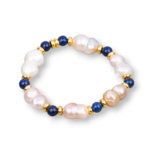 Stretch Bracelets Of Lapis Lazuli River Pearls And Mix Lapis Brass