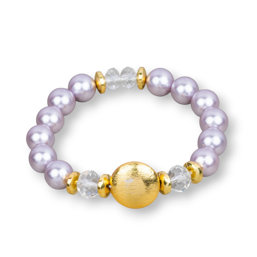 Stretch Bracelets Of Semi-precious Stones And Lilac Brushed Bronze Centre