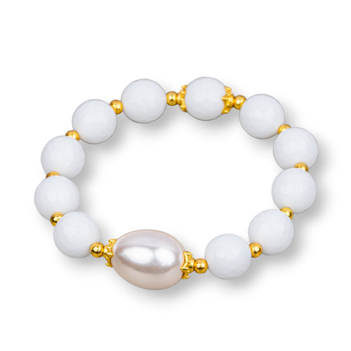 Stretch Bracelets Made of Semi-precious Stones and Central White Agate Mallorca Pearls