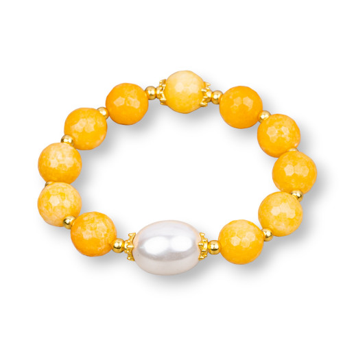 Stretch Bracelets Made of Semi-precious Stones and Central Yellow Jade Mallorcan Pearls
