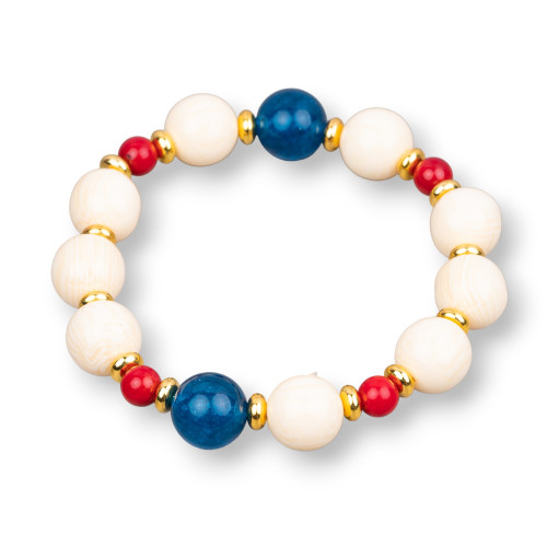 Stretch bracelets in semi-precious stones, resin and brass, teal blue jade
