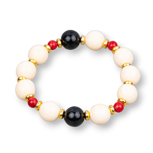 Stretch bracelets in semi-precious stones, resin and onyx brass