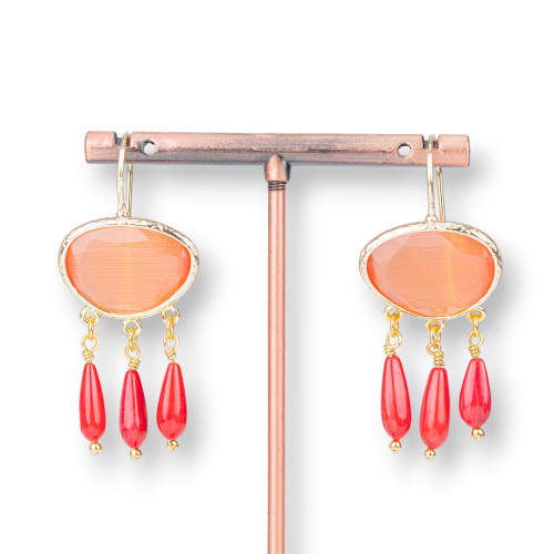 Bronze Earrings With Cat's Eye And Orange Bamboo Coral Drops