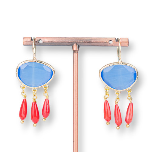 Bronze Earrings With Cat's Eye And Blue Bamboo Coral Drops