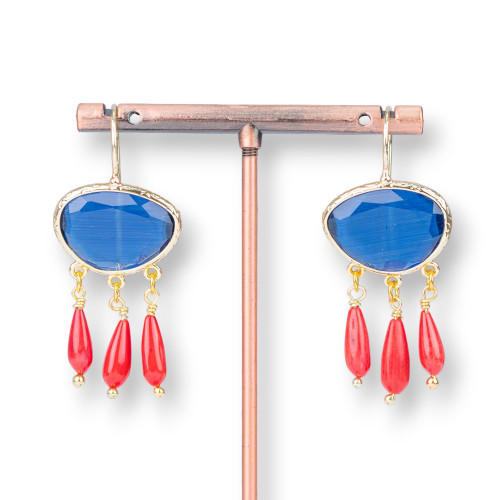 Bronze Earrings With Cat's Eye And Blue Bamboo Coral Drops