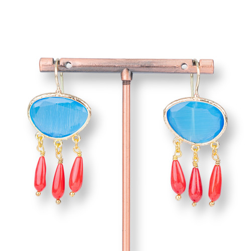 Bronze Earrings With Cat's Eye And Light Blue Bamboo Coral Drops