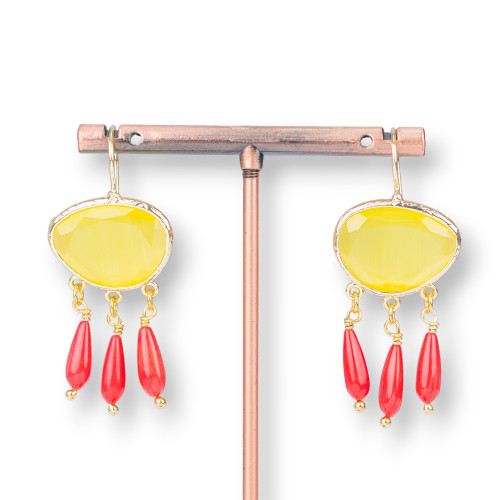 Pendientes De Bronce Con Ojo De Gato Y Gotas De Coral Bambú Amarillo