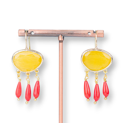 Pendientes De Bronce Con Ojo De Gato Y Gotas De Coral Bambú Amarillo Intenso