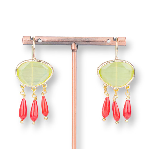 Bronze Earrings With Cat's Eye And Bamboo Lime Coral Drops