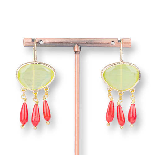 Boucles d'oreilles en bronze avec oeil de chat et gouttes de corail citron vert bambou