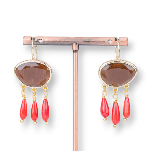 Boucles d'oreilles en bronze avec oeil de chat et gouttes de corail de bambou marron