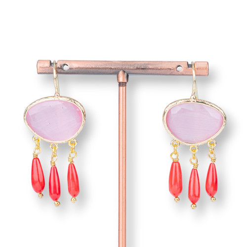 Bronze Earrings With Cat's Eye And Pink Bamboo Coral Drops