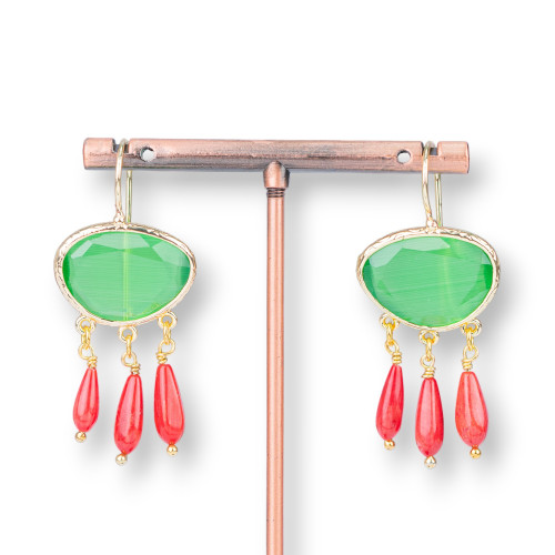 Bronze Earrings With Cat's Eye And Green Bamboo Coral Drops