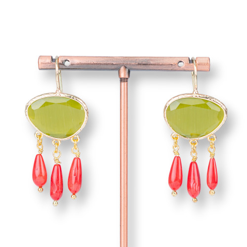 Bronze Earrings With Cat's Eye And Acid Green Bamboo Coral Drops