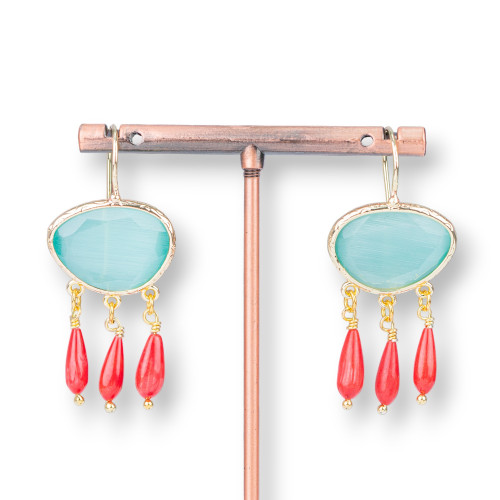 Bronze Earrings With Cat's Eye And Aqua Green Bamboo Coral Drops