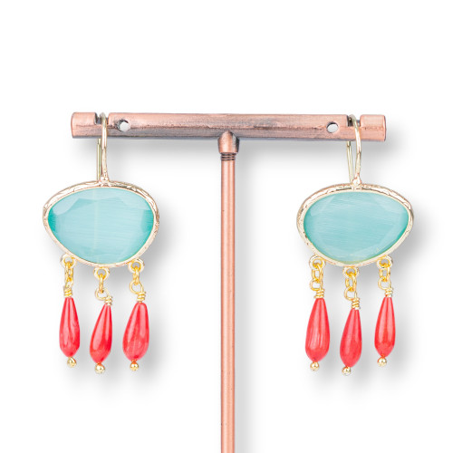 Boucles D'oreilles En Bronze Avec Oeil De Chat Et Gouttes De Corail Bambou Vert Aqua