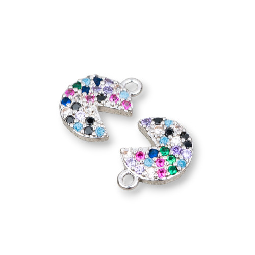 Bronze Pendant Component With Multicolor Pavé Zircons Pac-Man Slice With A Ring 08x11mm 15pcs Rhodium Plated