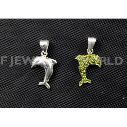 925 Silver And Ceramic Pendants With Dolphin Rhinestones 12x25mm - 1pc - Green