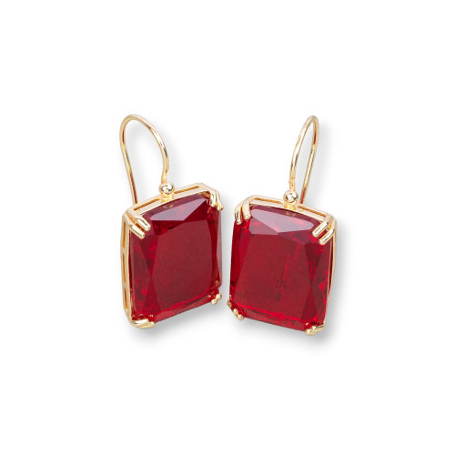 Bronze Leverback Earrings with Rectangle Crystals Set 15x33mm Red