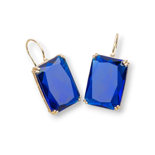 Bronze Hook Earrings With Rectangle Crystals Set 18x38mm Blue