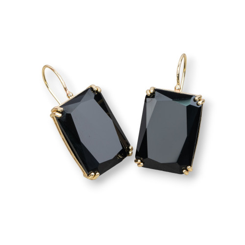 Bronze Leverback Earrings with Rectangle Crystals Set 18x38mm Jet Black