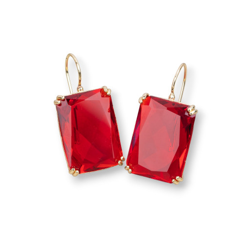 Bronze Leverback Earrings with Rectangle Crystals Set 18x38mm Red