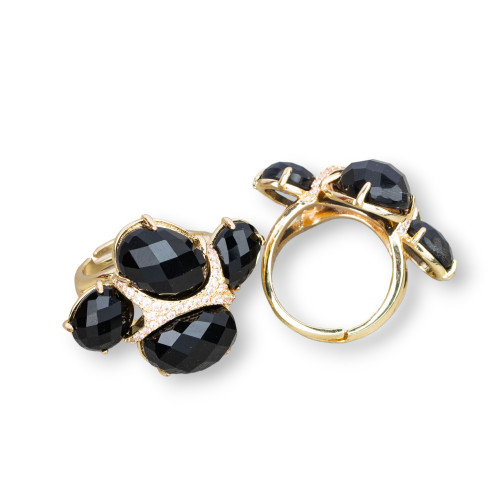 Bronze Ring With Cat's Eye And Zircons 23x30mm Adjustable Size Golden Black