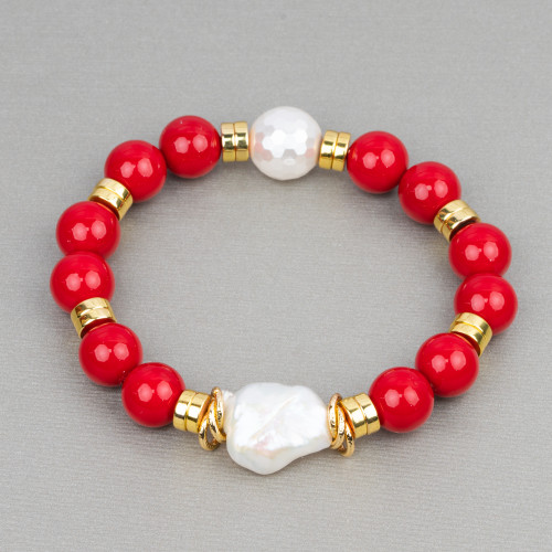 Elastic Bracelet of Semi-precious Stones 10mm with Hematite and Baroque River Pearls MOD Red Majorca Pearls