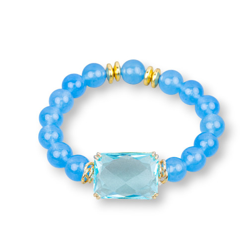 Elastic Bracelet of 10mm Semi-precious Stones with Hematite and Central Crystal Cabochon 19x26mm Light Blue