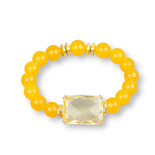 Elastic Bracelet of 10mm Semi-precious Stones with Hematite and Central Crystal Cabochon 19x26mm Yellow