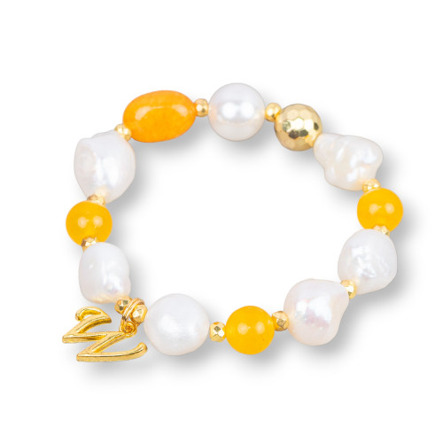 Elastic Bracelet With River Pearls And Semi-precious Stones With Hematite And Yellow Golden Bronze Pendant