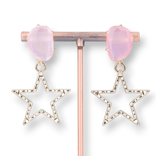 Bronze Stud Earrings With Cat's Eye And Zamak Star 29x52mm Pink