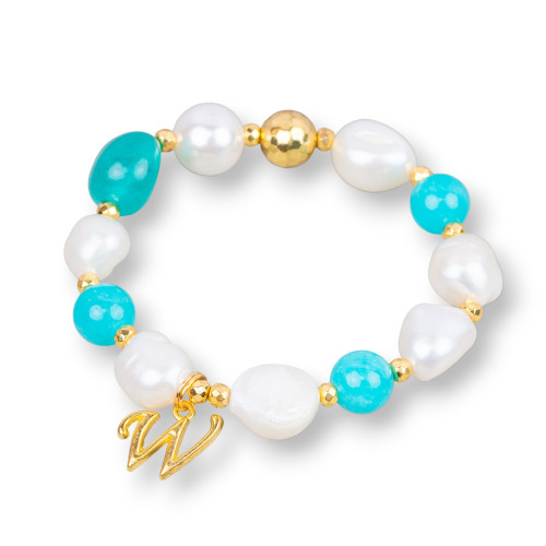 Elastic Bracelet With River Pearls And Semi-precious Stones With Hematite And Turquoise Golden Bronze Pendant