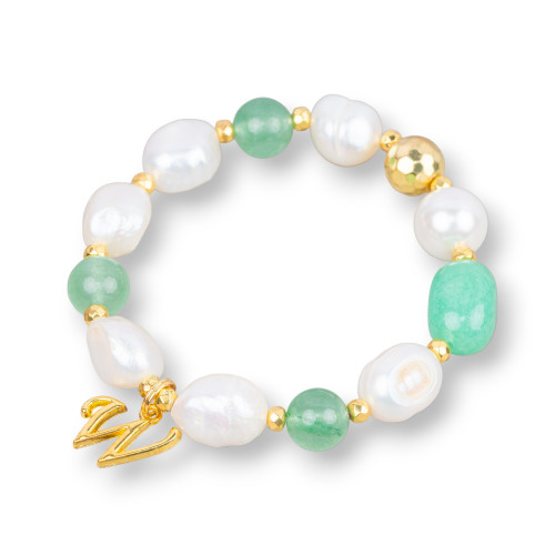 Elastic Bracelet With River Pearls And Semi-precious Stones With Hematite And Green Golden Bronze Pendant