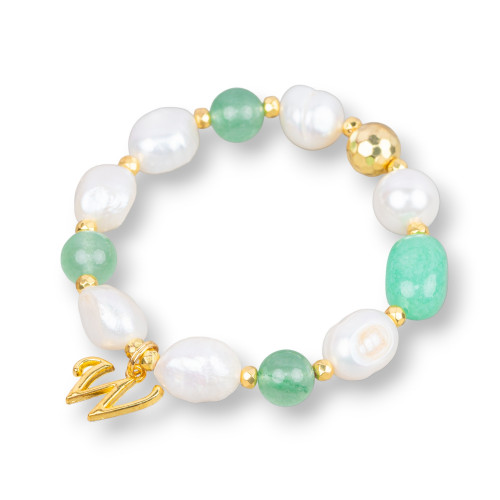 Pulsera Elástica Con Perlas De Río Y Piedras Semipreciosas Con Hematita Y Colgante De Bronce Dorado Verde