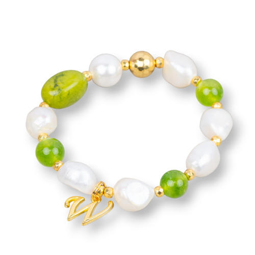 Elastic Bracelet With River Pearls And Semi-precious Stones With Hematite And Acid Green Golden Bronze Pendant