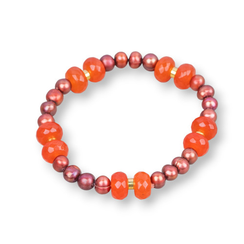 Elastic Bracelet With Freshwater Pearls And Jade Rondelle With Orange Hematite