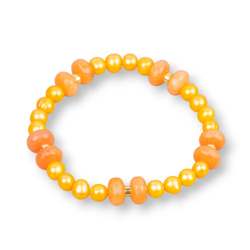 Elastic Bracelet With Freshwater Pearls And Jade Rondelle With Light Orange Hematite
